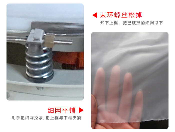 換網步驟：先松開束環，把新的細網平鋪在網架上繃緊