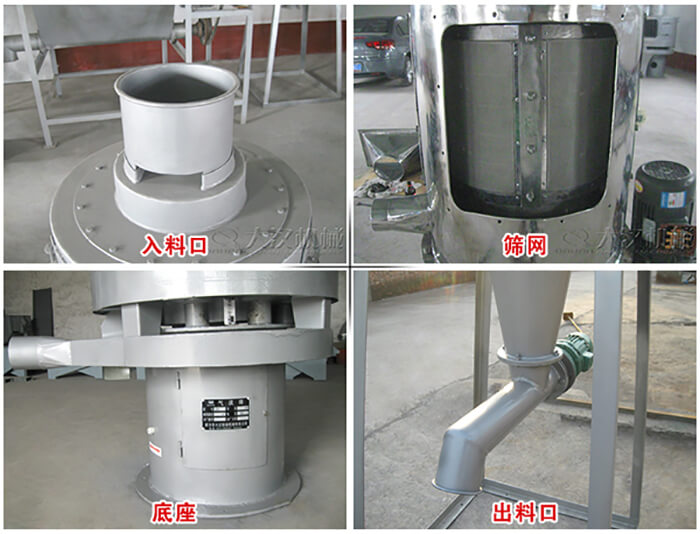 氣流篩部件展示：入料口，篩網，底座，出料口等。