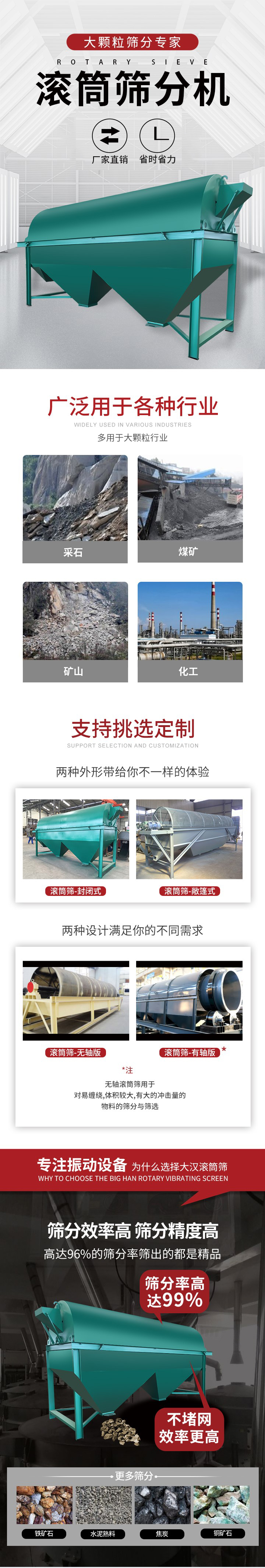 滾筒篩分機大顆粒篩分專家：廠家直銷，省時省力。滾筒篩被廣泛應用各種行業：多用于大顆粒行業例如：采石，煤礦，礦山，化工等。滾筒篩定制類型有哪些：封閉式與敞篷式產品結構分為：無軸式，有軸式兩種，無軸滾筒篩用于對纏繞，體積較大，有大的沖擊量的物料的篩分與篩選。滾筒篩篩分效率高篩分精度能夠達到：96%也比較適用于鐵礦石，水泥熟料，焦炭，銅礦石。滾筒篩特點：不飛粉末：密封隔離罩，密封性好，工作過程不會出現飛粉現象。外型尺寸是按筒體長計